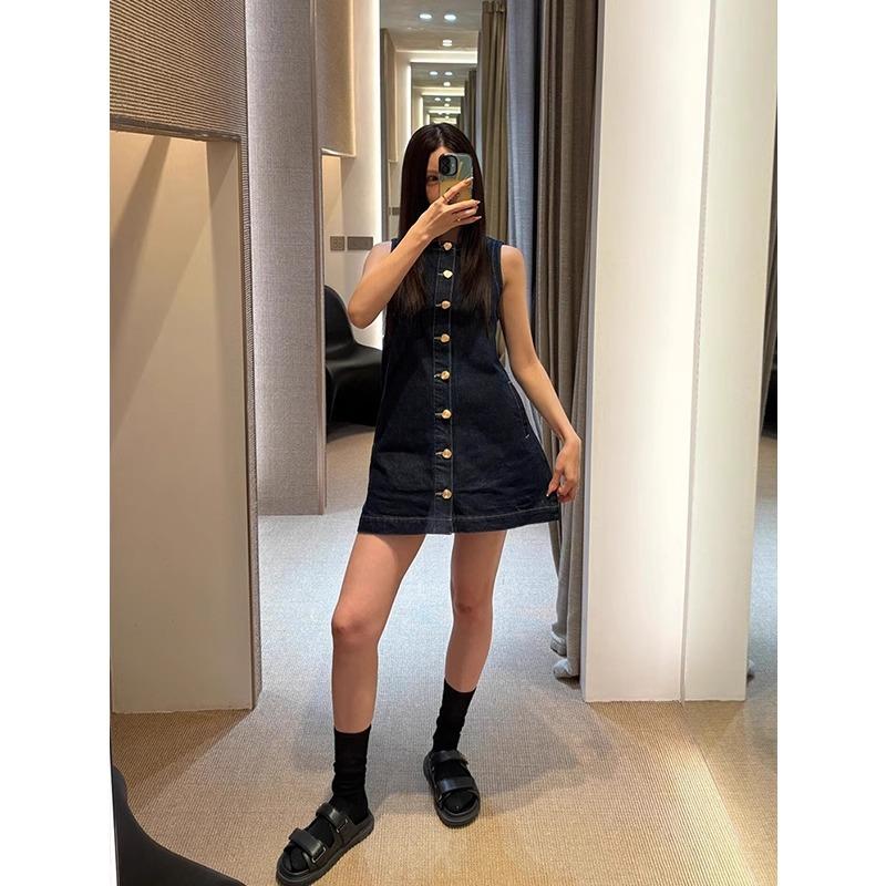 Hong Kong style retro design single-breasted denim vest dress women's fashion temperament sleeveless slim-fitting short skirt