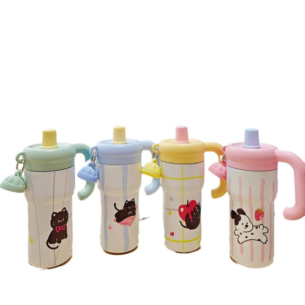 Floral Cartoon Handle Stainless Steel Vacuum Insulated Cup with Tea Infuser and Straw