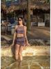 2025 Vintage Korean Striped Backless Tie-Up Swimsuit with Split Skirt for Women