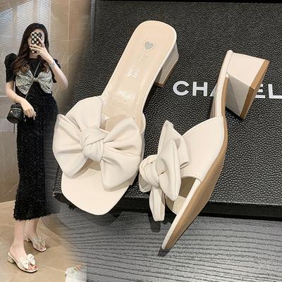 Pantoufles Carré Talon Moyen Mode Été Douces Chaussures Femme Diapositives de Luxe Nœud Papillon Bloc Confort Créateur Mode Nœud Papillon