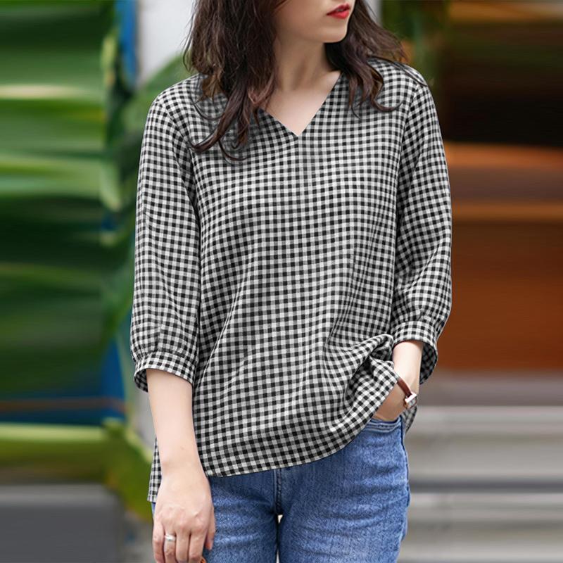 ZANZEA Women Grid Print Casual V-Neck 3/4 Sleeve Blouse