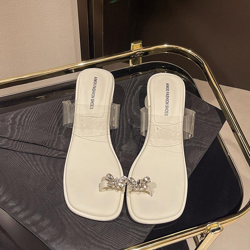 Versatile bow rhinestone cover toe thick heel slippers 2025 summer fashion fairy transparent high heel sandals