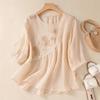 Women Embroidered Linen Blend Top Round Neck Three Quarter Sleeve Casual Blouse