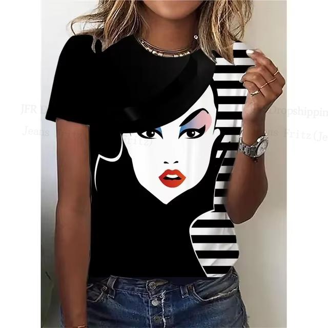 Summer Round Neck 3D Lady Face Graphic Print Top Fashionable Casual Short Sleeved Women's T-shirts