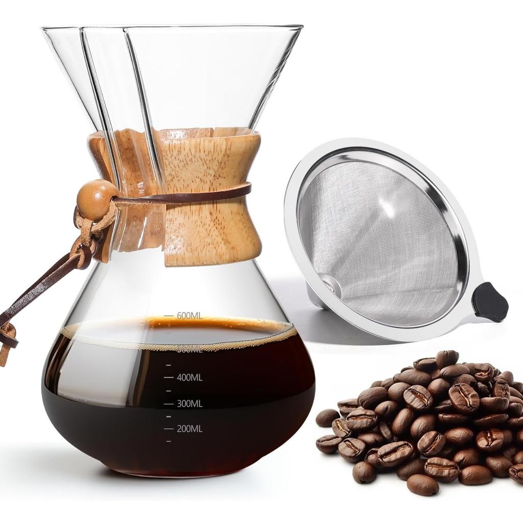 Pour Over Coffee Maker 27 OZ, 8 Cup Borosilicate Glass Drip Coffee Maker with Reusable Stainless Steel Filter and Cork Grip for Home Café 800 ML