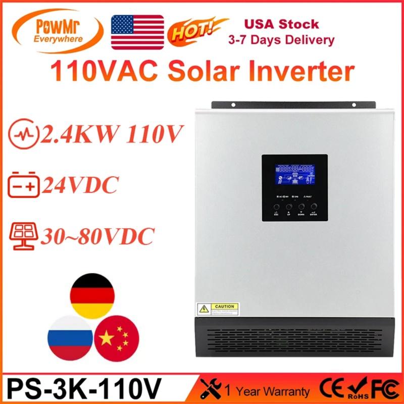 PowMr 24V 2.4KW Hybrid Solar Inverter 110V Pure Sun Wave Inverter Max PV 80V Bulitin 50A PWM Charge Controller for Solar Home