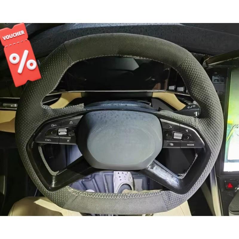 

Hand-stitched Black Suede Leather Car Steering Wheel Cover For Geely Boyue Cool Boyue L -2025 Double D Auto Interior Purple Thread