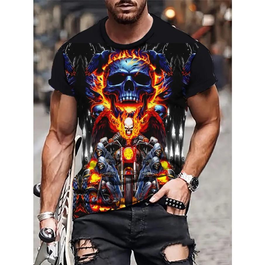 Moto Men's Casual 3D Print Loose Round Neck Short Sleeved T-shirt Top