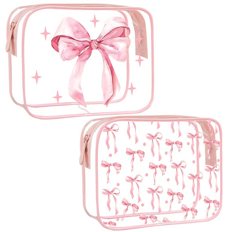 All Over Print Waterproof Pvc Nylon Pouch Bows Makeup Bag Transparent Toiletry Zipper Pouch Bow Clear Cosmetic Bags