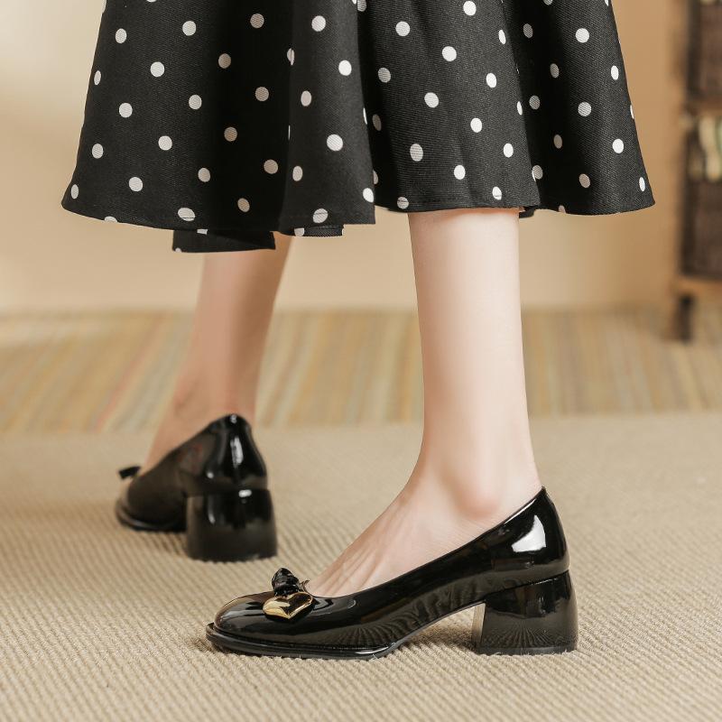 Bow thick heel single shoes women's skirt shopping casual women's shoes Mary Jane single shoes women