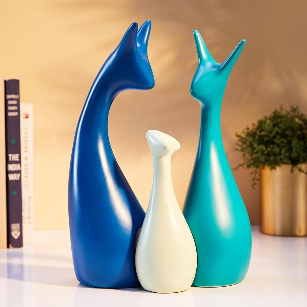 Home Decor Happy Deer Family Statue Ceramic Figures (Set of 3, Navy Blue, Lemon and Light Green)