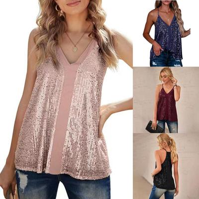 Vestă cu paiete cu sclipici pentru femei Topuri fără mâneci cu bretele Casual Tricou Vară