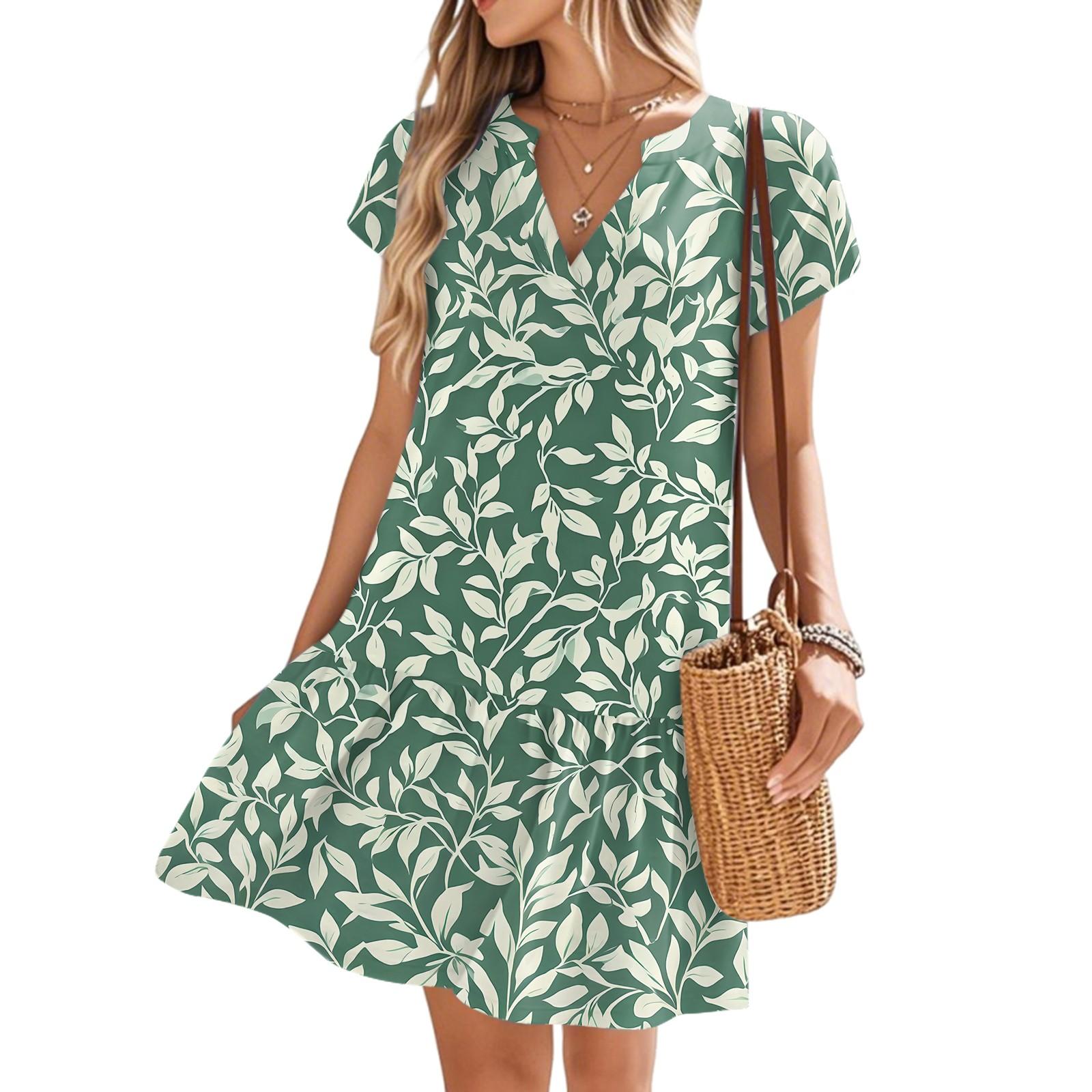 

Женские платья с коротким рукавом и V-образным вырезом с цветочным принтом Свободные повседневные пляжные платья в стиле темперамент L