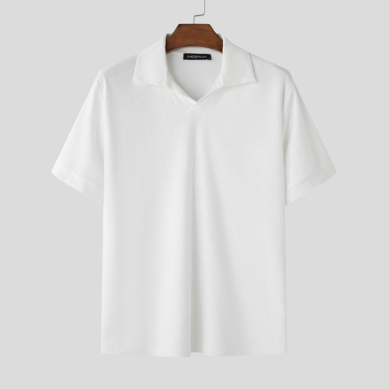 

INCERUN Oversized Men Lapel Neck Patchwork Casual Texture Summer T-shirts Tops S