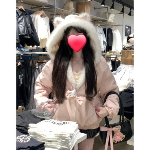 Cute girl blue cat ears fur collar hooded double-sided cotton clothes women's new loose warm coat in winter