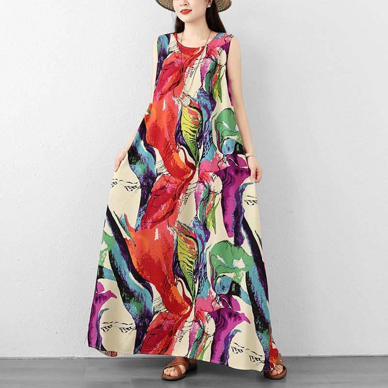 DIMANAF Nuovo 2026 Donna Taglie Forti Estate Spiaggia Signora Abito Lungo Canotta Senza Maniche Ampio Oversize Maxi Stampa Floreale Vestito Estivo Abbigliamento