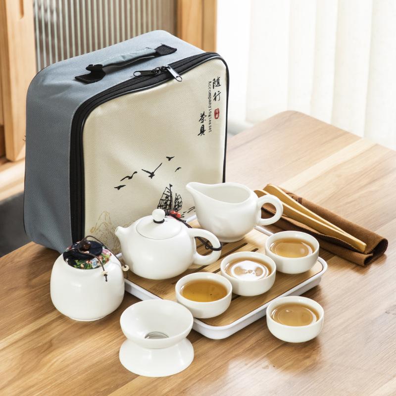 Chinese Kung Fu Travel Set, Ceramic Portable Teapot,Travel Tea Set Portable Outdoor Kung Fu Ceramic Teapot Plate Set