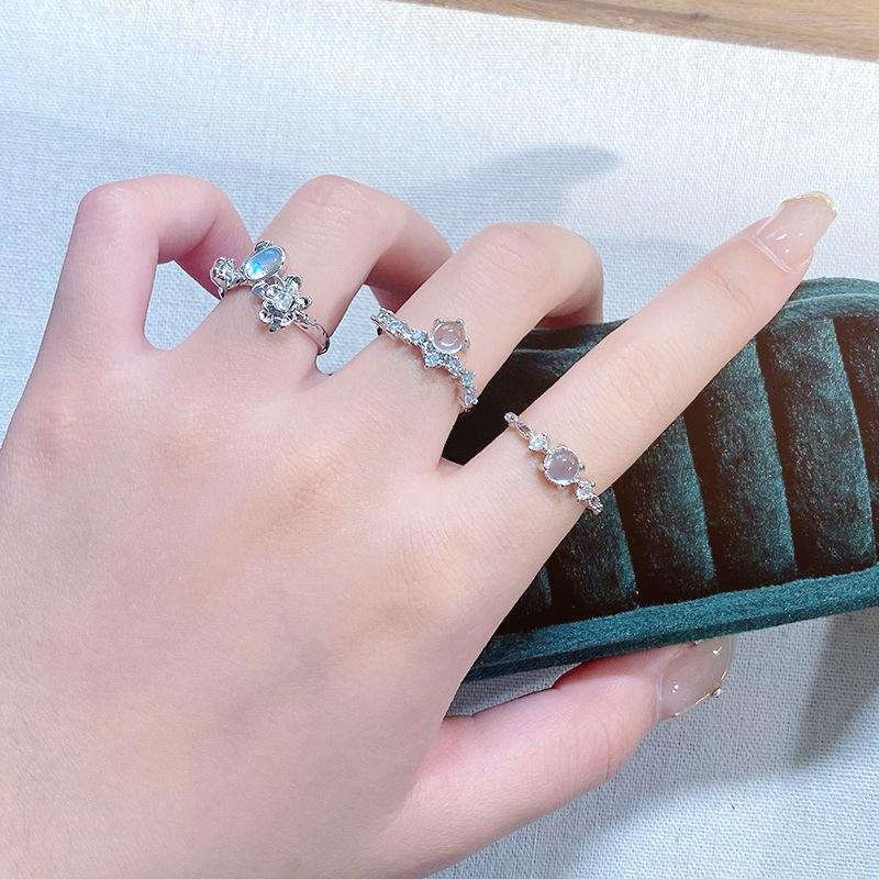 Diamond Sea Blue Moonstone Ring, Female Niche Design, Index Finger Ring, Light Luxury, High-End Personality Ring.
