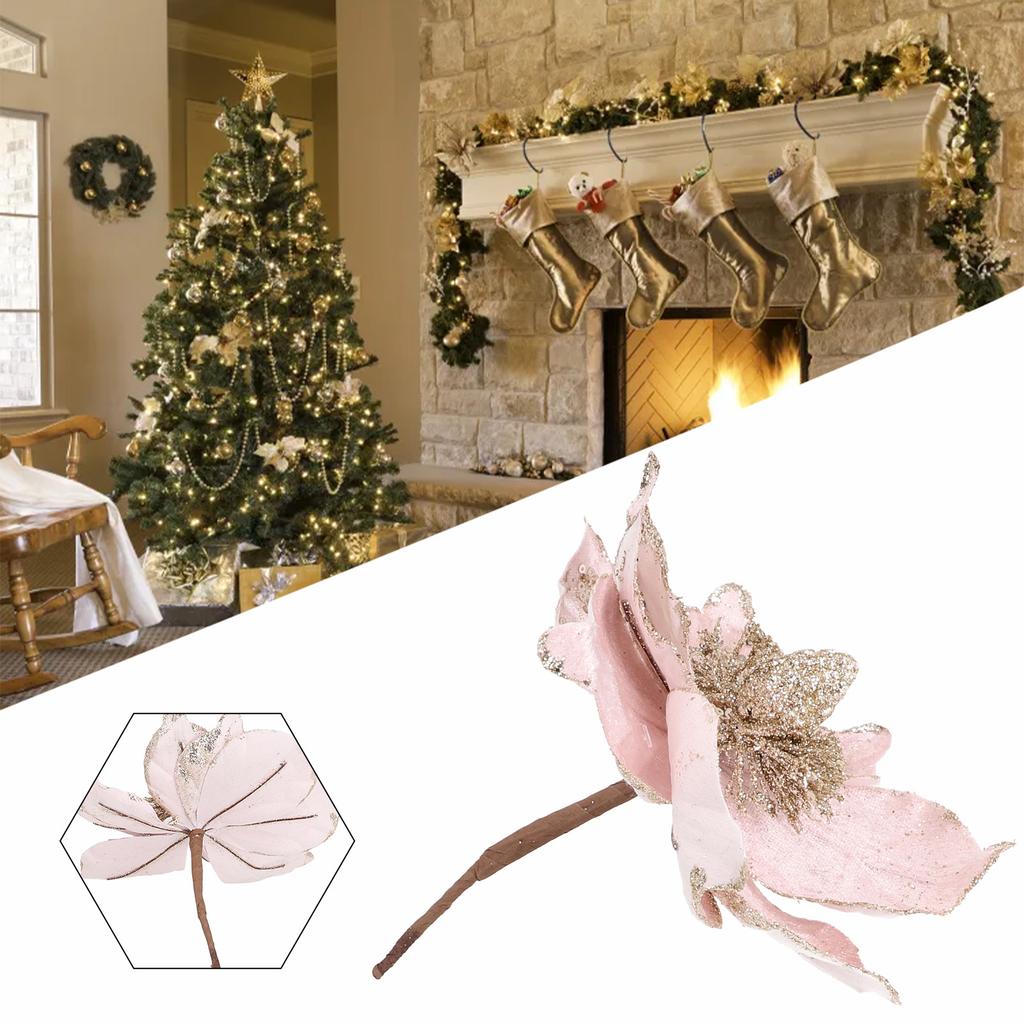 Glitter Poinsettia Flower Hanging Ornament for Christmas Tree and Seasonal Party Decoration with Cloth and Plastic Construction