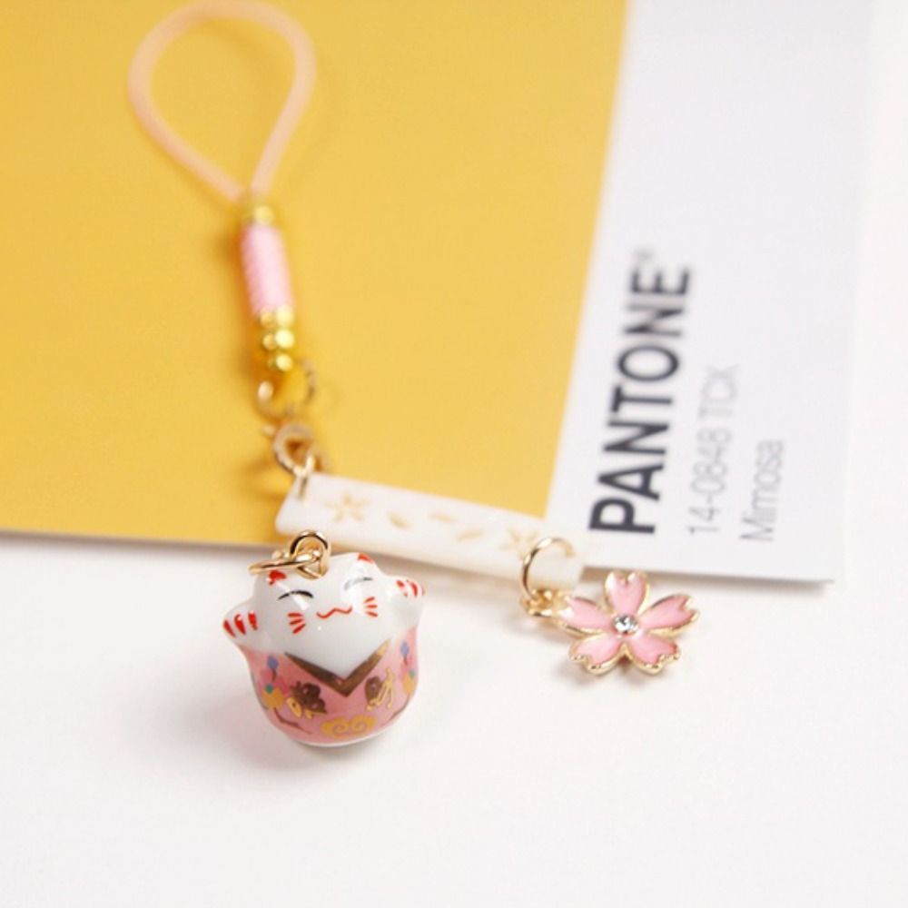 Ceramics Sakura Lucky Cat Phone Lanyard Braided Rope Lucky Cat Keychain Wrist Rope Cherry Blossoms Japanese Style