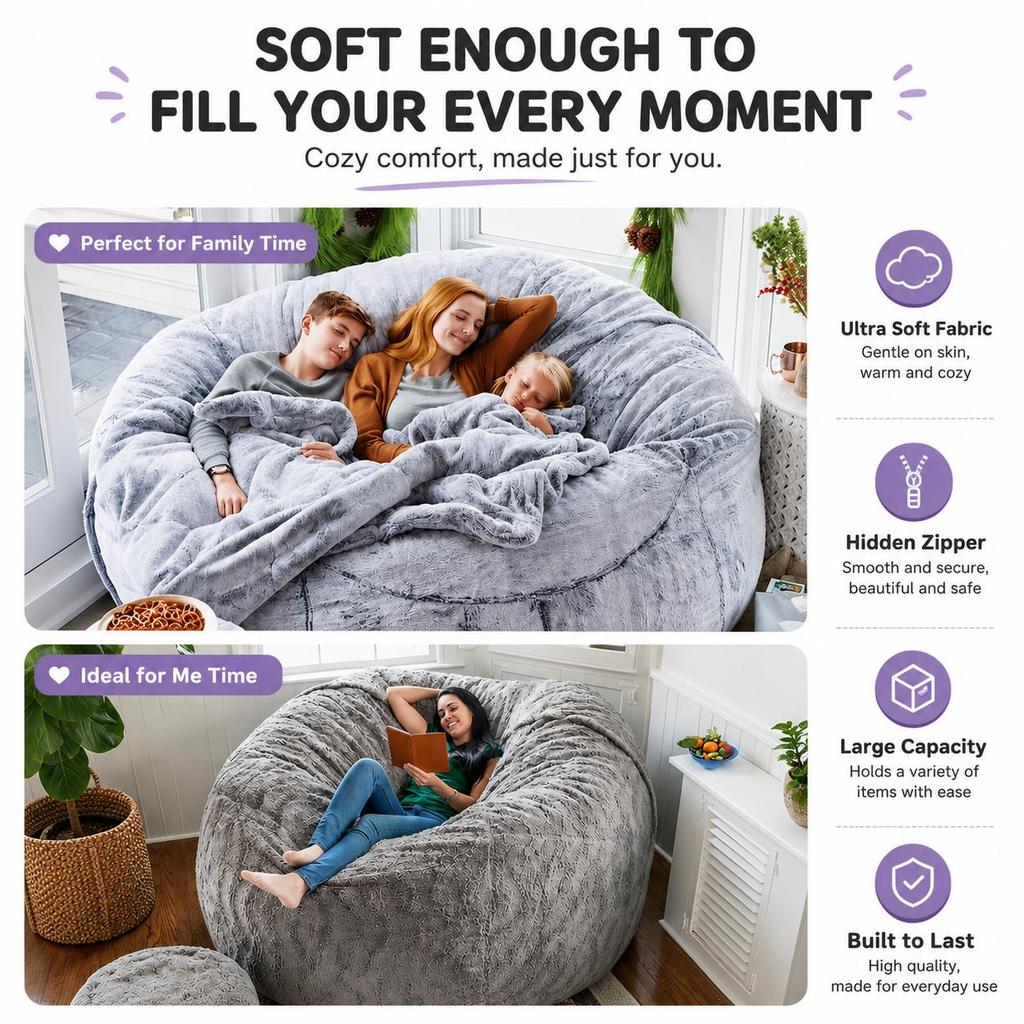 Sedia Sacco Fagioli per Adulti Bambini Senza Imbottitura Comoda Soffice Rotonda Copertura Divano Pigro per Sedia da Lettura Sedia da Pavimento, 5FT, 6FT, 7FT