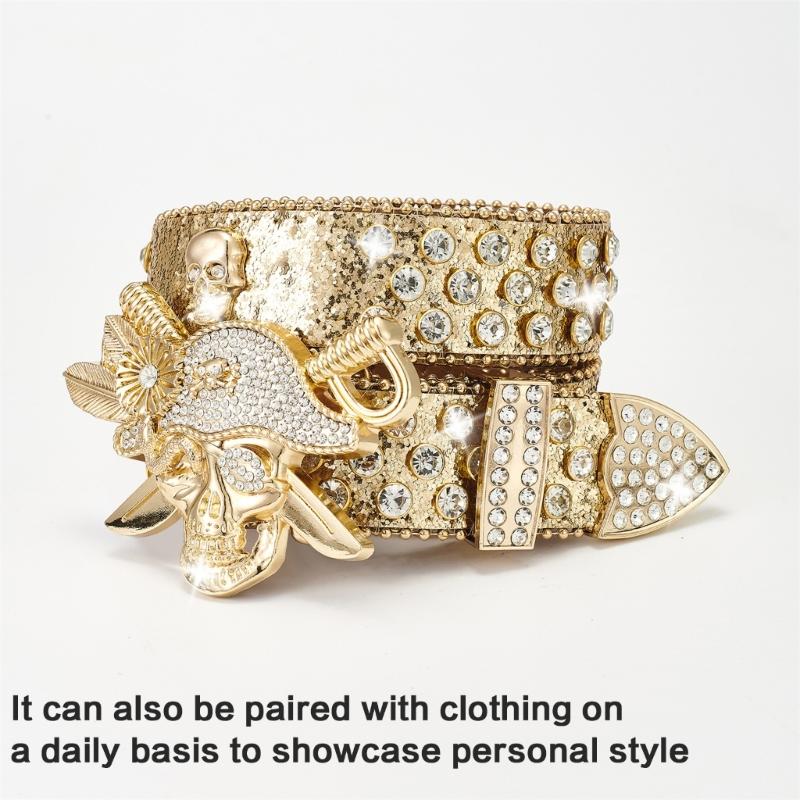 Rhinestones Skull Buckle Belt for Women Men Sequined Hiphop Belt for Pants Jeans Popular Rockers Belt Waist Accessories