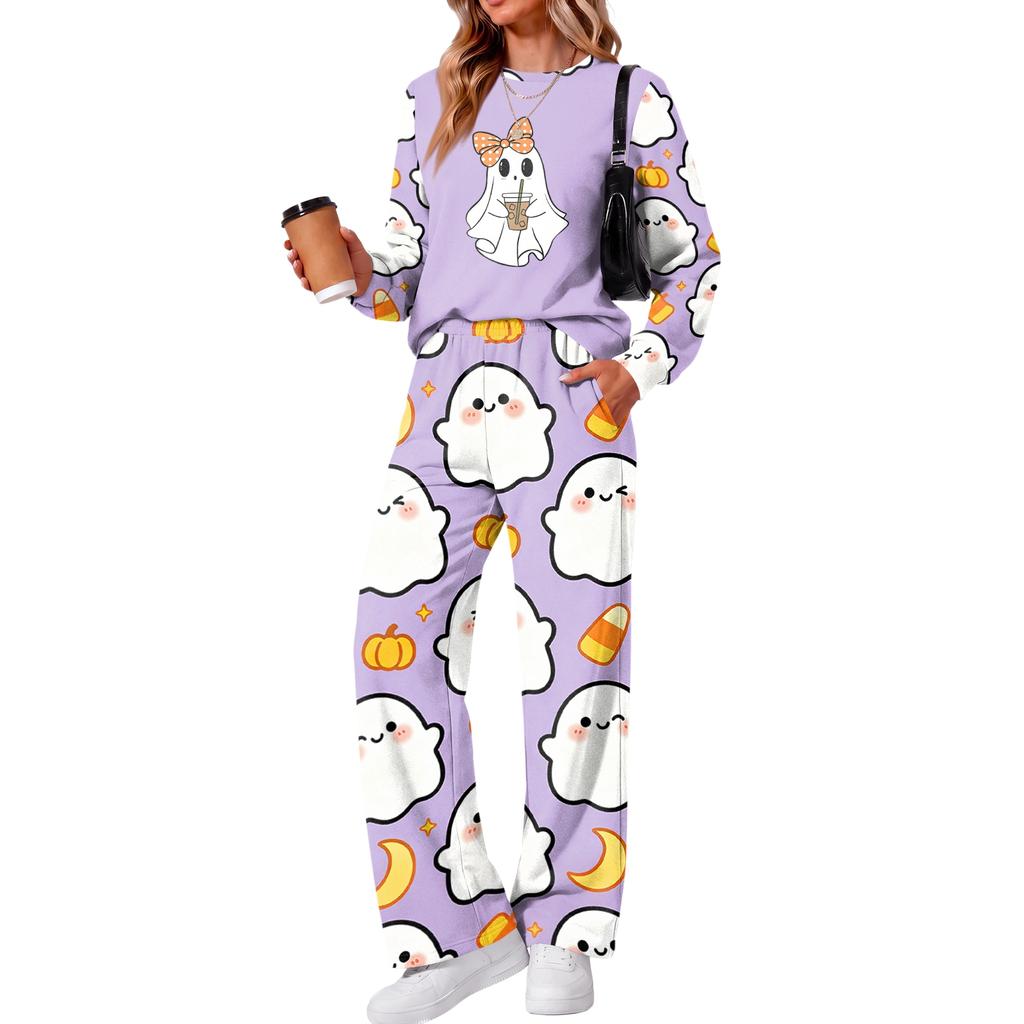 Women's Halloween Print Hoodie and Jogger Pants Set, Round Neck Loose Fit Casual Sweatsuit