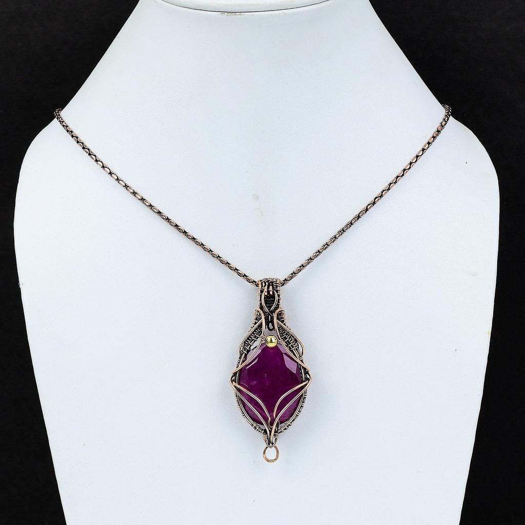 Lab-Created Ruby Gemstone Handmade Pure Copper Wire Wrapped Beautiful Jewelry Pendant