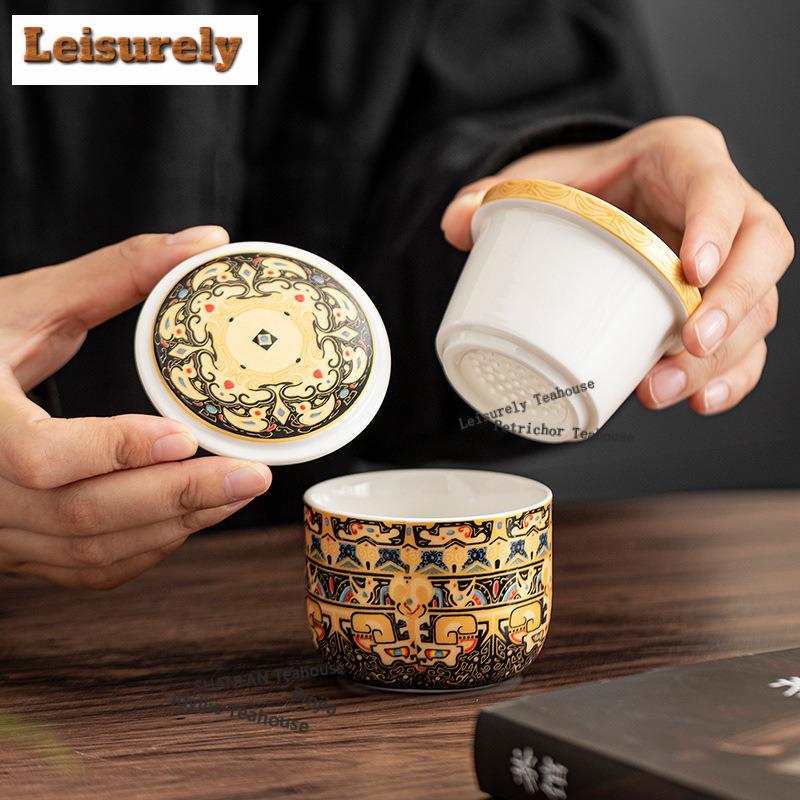 Tangka Enamel Color Travel Tea Set Kit Traditional 1 Cups Tea Making Organizer Portable Outdoor Tote Bag Ornaments Craft Gift