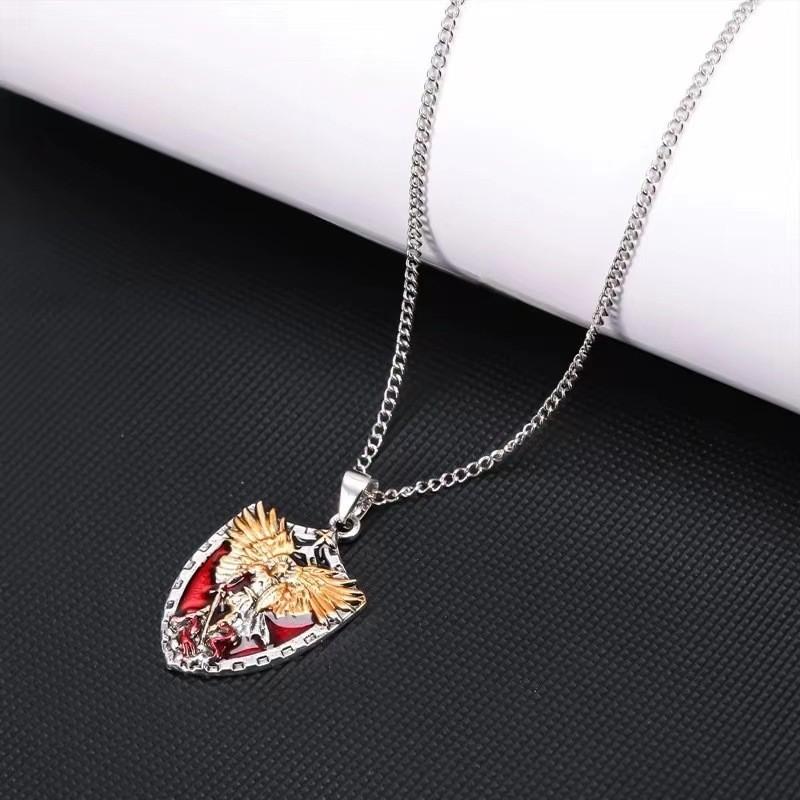 Elegant Shield Pendant Necklace In Silver With Cartoon Character Wing Design For Unisex Fashion Accessory