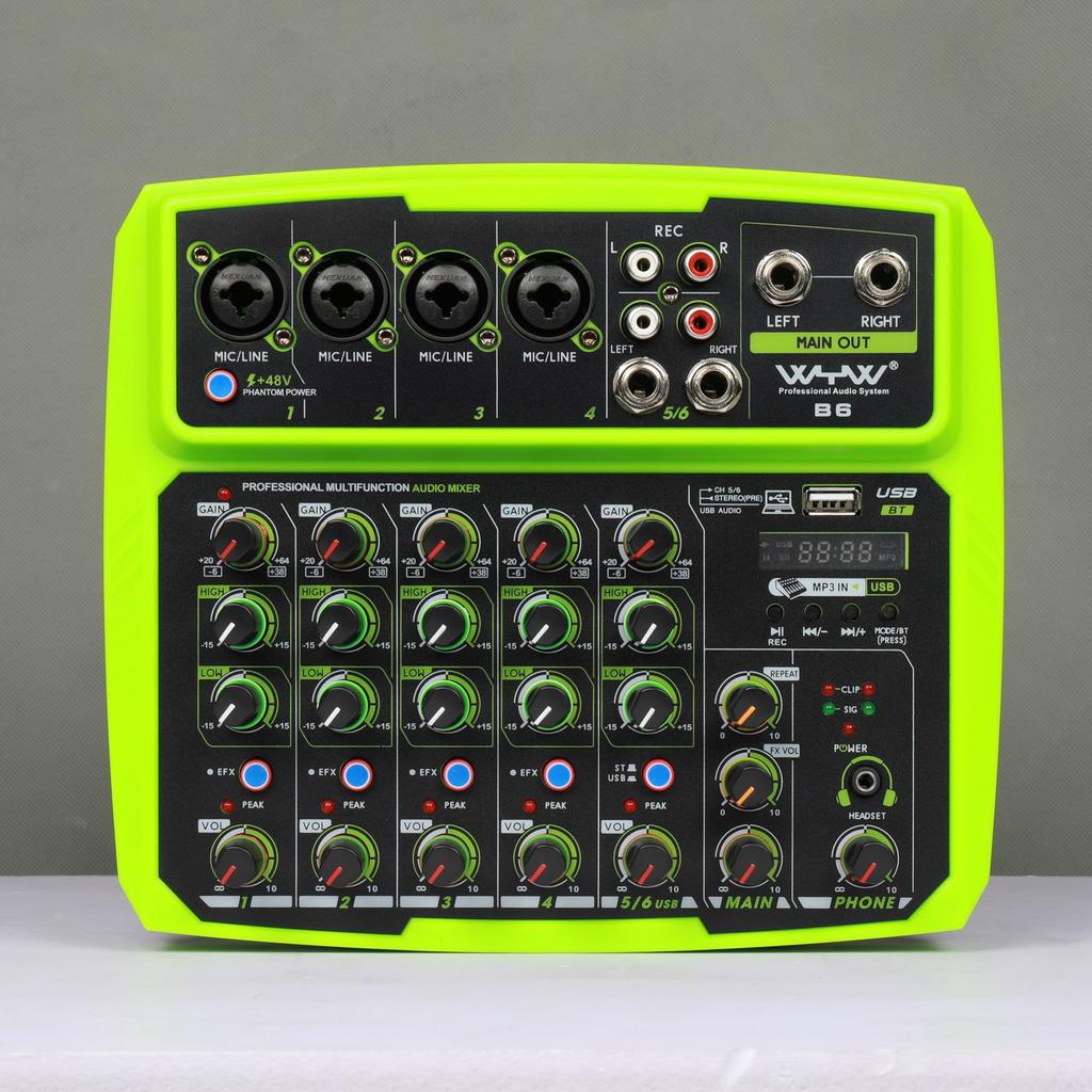 B6 Portable 6 Channels Audio Mixer USB Mixing Console Supports BT Connection with Sound Card Built in 48V Phantom Power