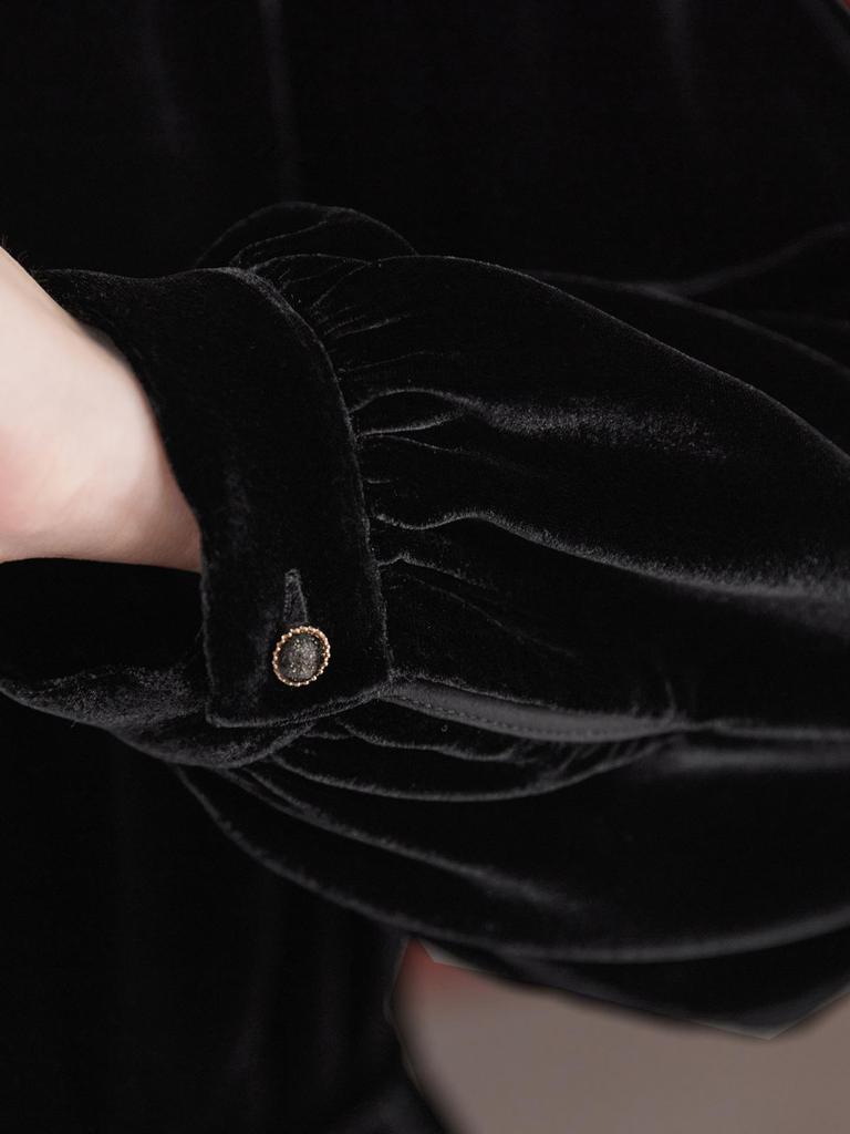 Elegantes Retro Samt-Midikleid aus Seide - Damen Bindegürtel, Langarm, Maulbeerseide für Herbst/Winter