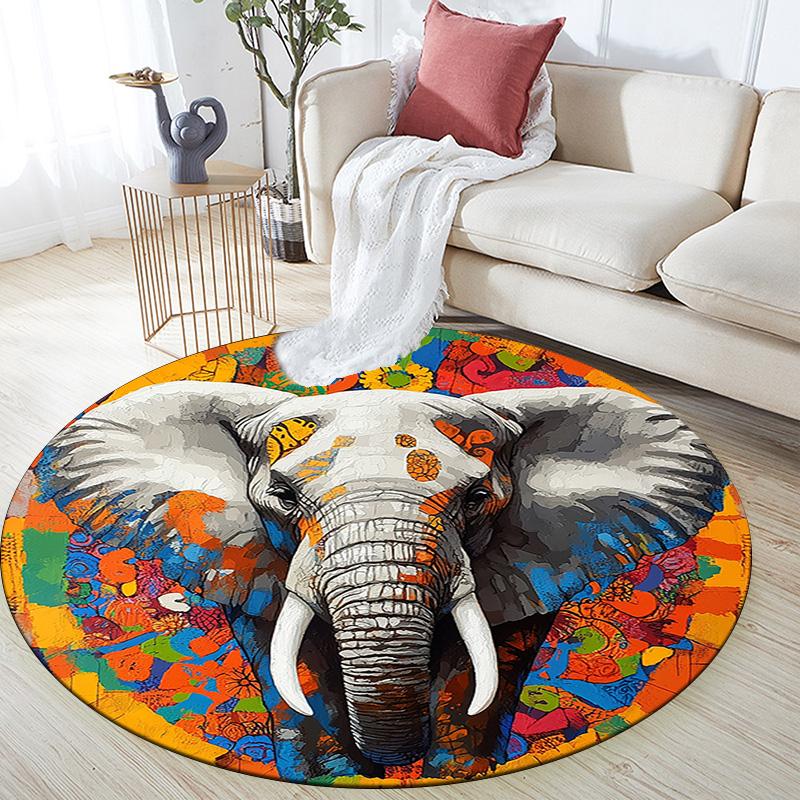 Elephant Mandala Round Area Rug,Carpet Rug for Living Room Bedroom Sofa Playroom Decor,Non-slip Floor Mat