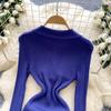 Spring Autumn Women Elegant Polo Collar Full Sleeve Knitted Sweater Mini Short Sheath Dresses