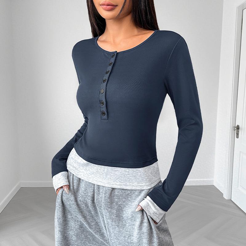 

Новый Повседневный Ленивый Стиль для Поездок на Работу, Топ с Круглым Вырезом, Приталенный, Комбинированный по Цвету, Имитация Двойки, С Длинными Рукавами для Женщин L синий