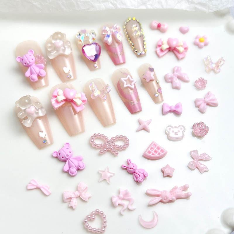 Pink Resin Cartoon Bowknot Heart Bow Tie Little Bunny Nail Art Accessories DIY Nail Hairpin Accessories Wholesale
