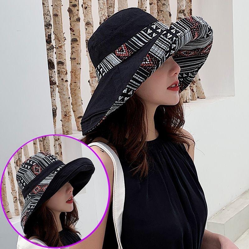 Ethnic style double-sided bucket hat women's big edge Internet celebrity versatile summer hat women's sun protection hat sun hat spring and autumn