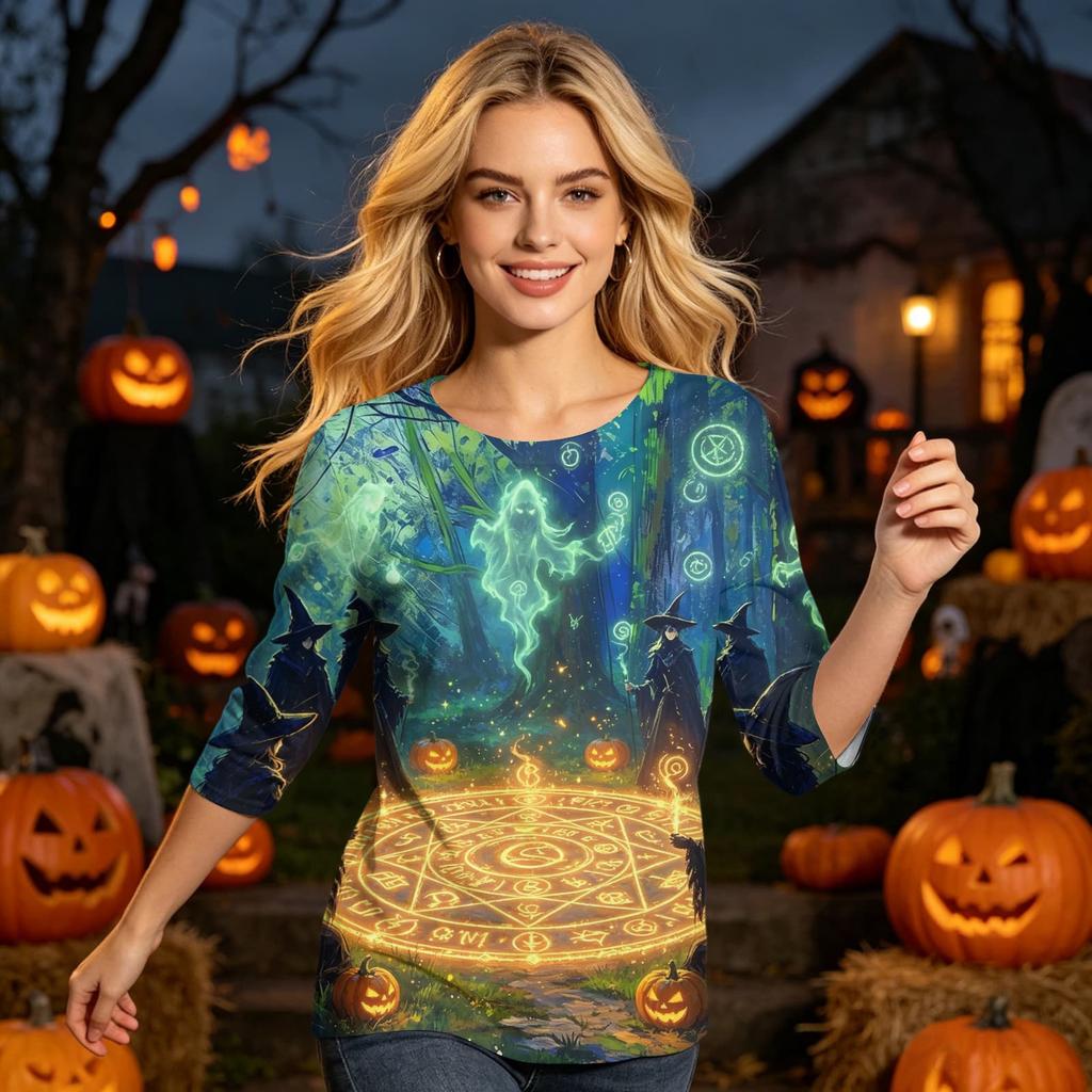 Women's Casual Halloween Graphic Top Three Quarter Sleeve Round Neck Shirt Lightweight Soft Fabric Comfortable Fit