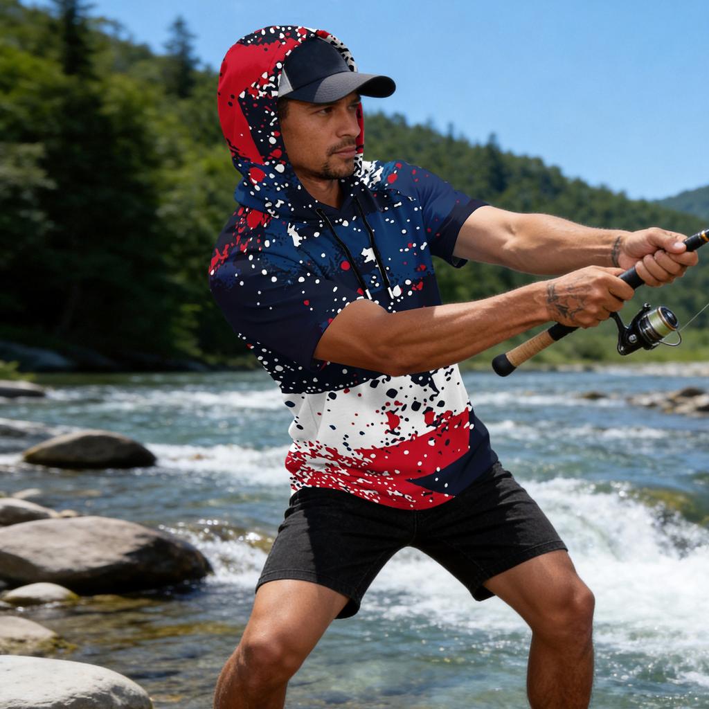 Men's Raglan Sleeve Casual Sport Hoodie Short Sleeve Lightweight Fishing Sun Protection Shirt with Hooded Design