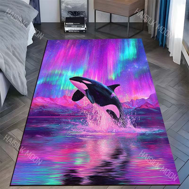 

1PC Orca breaching under vivid aurora Carpet for Living Room Bedroom Sofa Home Decor Rus Non-slip Floor Mat Luxury Gift 40x60cm