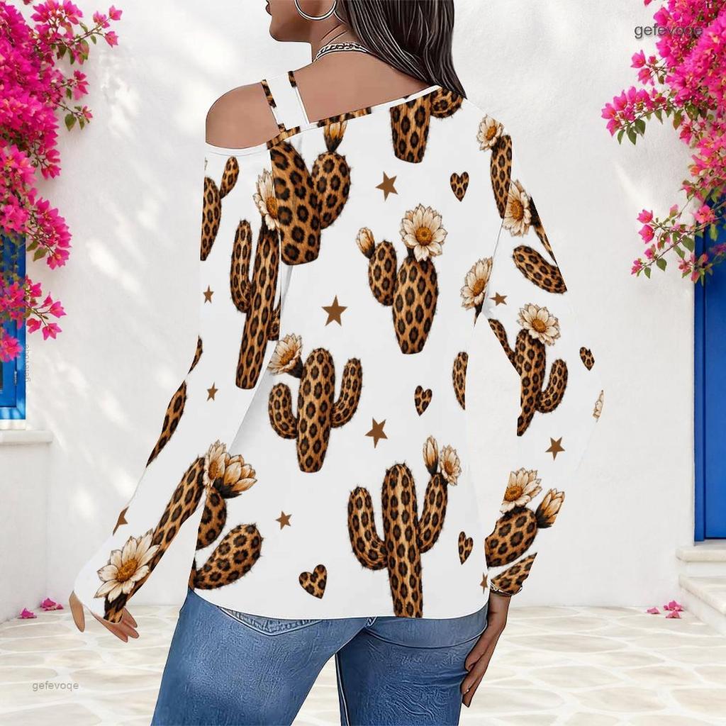 Women Plus Size Asymmetric Cutout Neck Cold Shoulder Long Sleeve Lipstick Leopard Print White Fitted Top