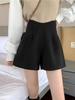 Women's Black Woolen High-Waist Wide-Leg Shorts - Petite Slim Fit Casual Suit for Spring