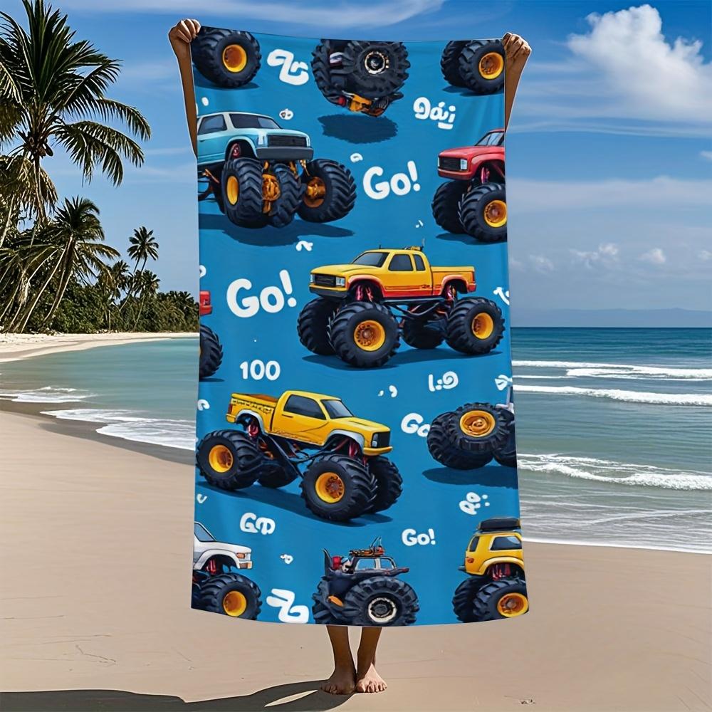 

Monster Truck Beach Towel Quick-Dry Sand-Resistant Polyester Blend Vibrant Blue with Yellow Red Trucks Design Ideal for Travel W30*H60(CM)