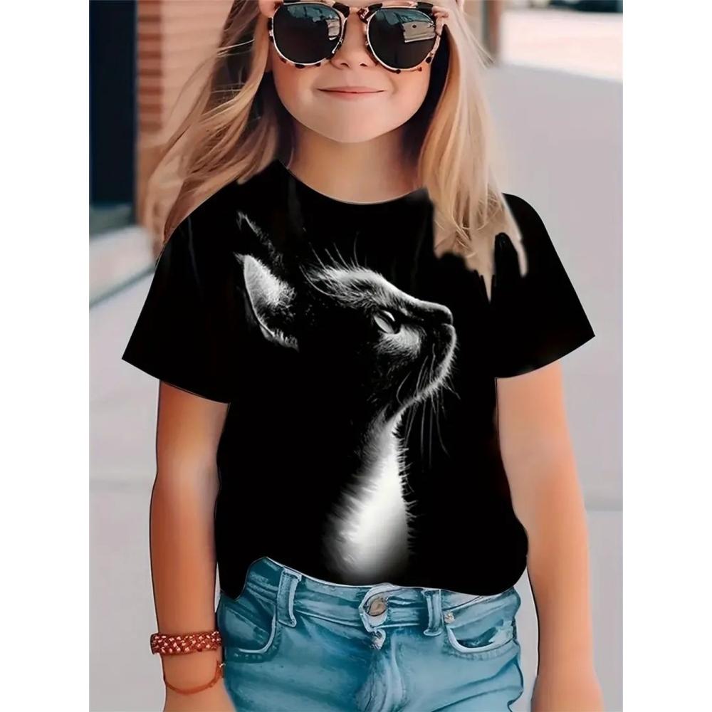 Kids Clothes 3D Print Graphic T Shirts Cute Cat Comforts Casual Tops Summer Short Sleeves Crew Neck Children Clothes Girl