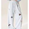 Princess Style Cartoon Embroidered Wide-Leg Drawstring Pants for Women