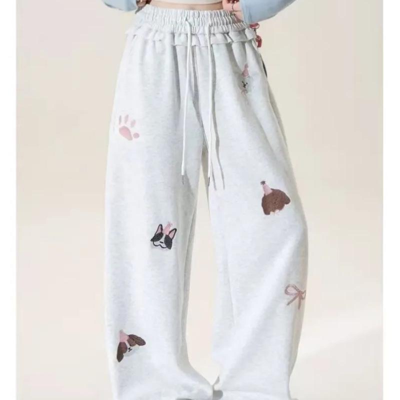 Princess Style Cartoon Embroidered Wide-Leg Drawstring Pants for Women