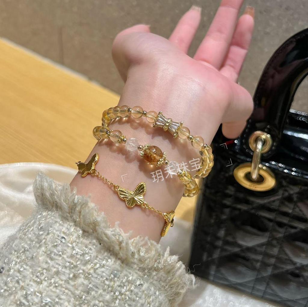 Brazilian Citrine Double Circle Bracelet - High-End Yellow Crystal for Good Luck and Luxury Style.