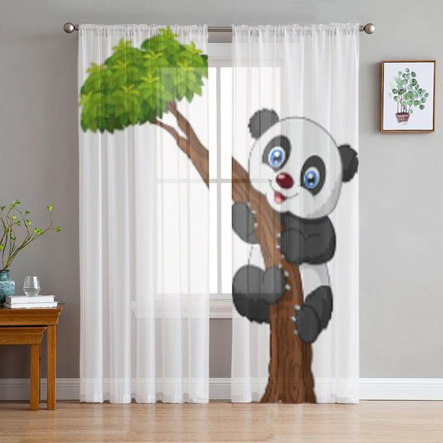 Animal Cute Panda Bamboo Cartoon Window Curtains Living Room Tulle Curtains Kitchen Decor Kids Room Curtain Window Treatment