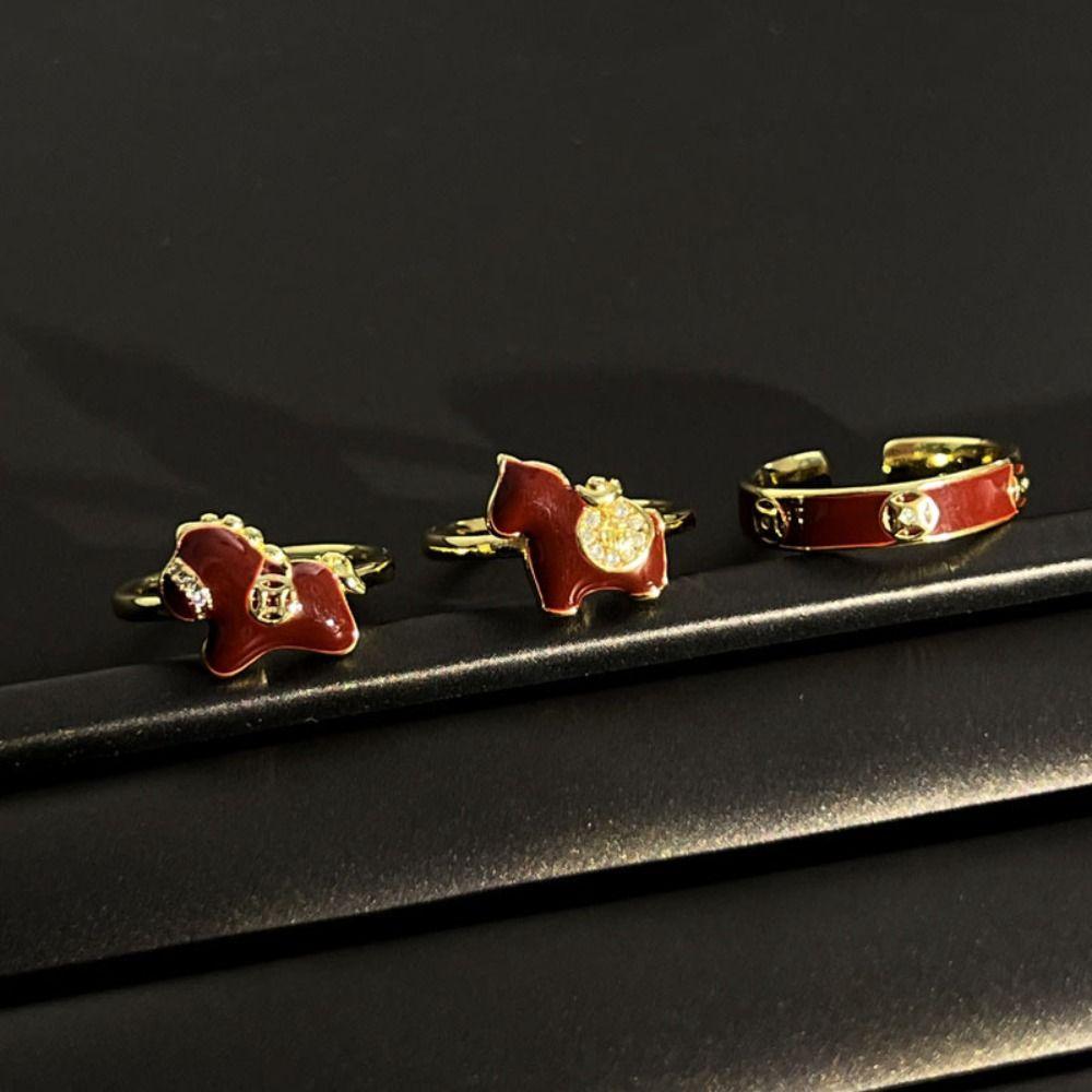 Adjustable Zodiac Horse Ring Good Luck Opening Ring Stackable New Year Drip Oil Ring  Women Men