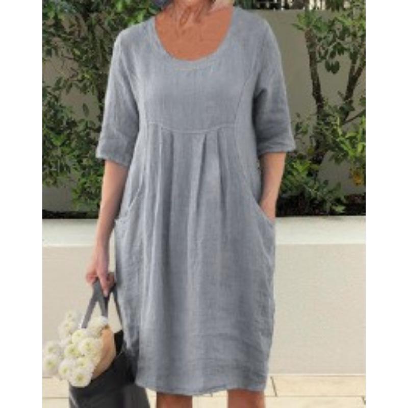 Sommer Locker Rundhals Kurzarmkleid Damen Übergröße Mode Plissiert Taschen Lässig Locker Partykleider Schlicht Elegant Einfarbig Kleidung